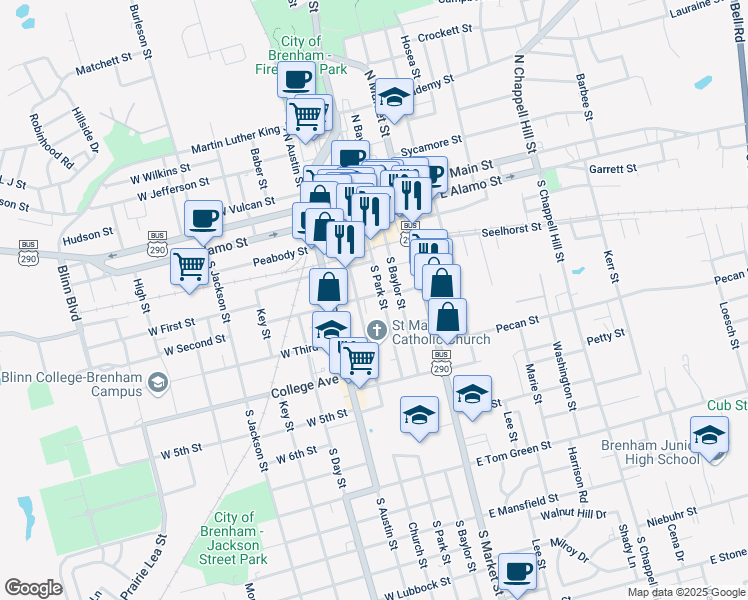 map of restaurants, bars, coffee shops, grocery stores, and more near 105 West Second Street in Brenham