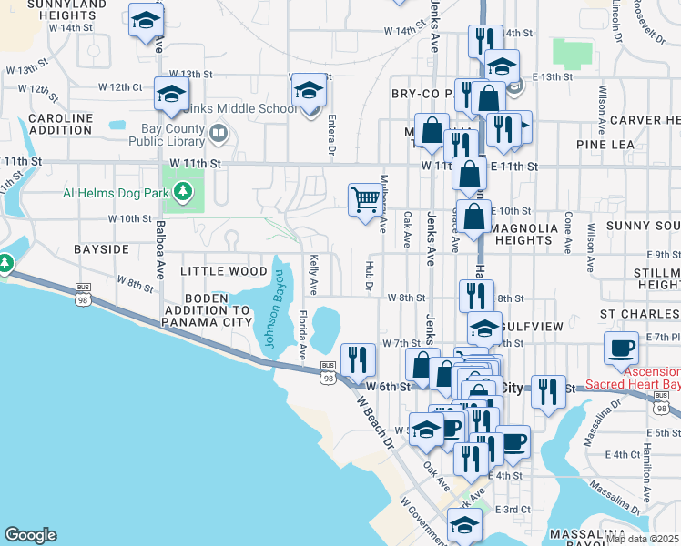 map of restaurants, bars, coffee shops, grocery stores, and more near 823 Premier Drive in Panama City