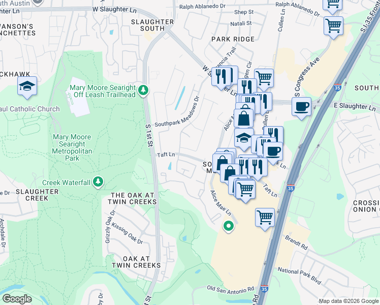 map of restaurants, bars, coffee shops, grocery stores, and more near 9621 Sydney Marilyn Lane in Austin