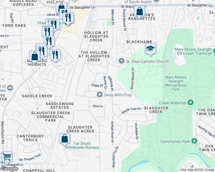 map of restaurants, bars, coffee shops, grocery stores, and more near 10301 Buster Drive in Austin