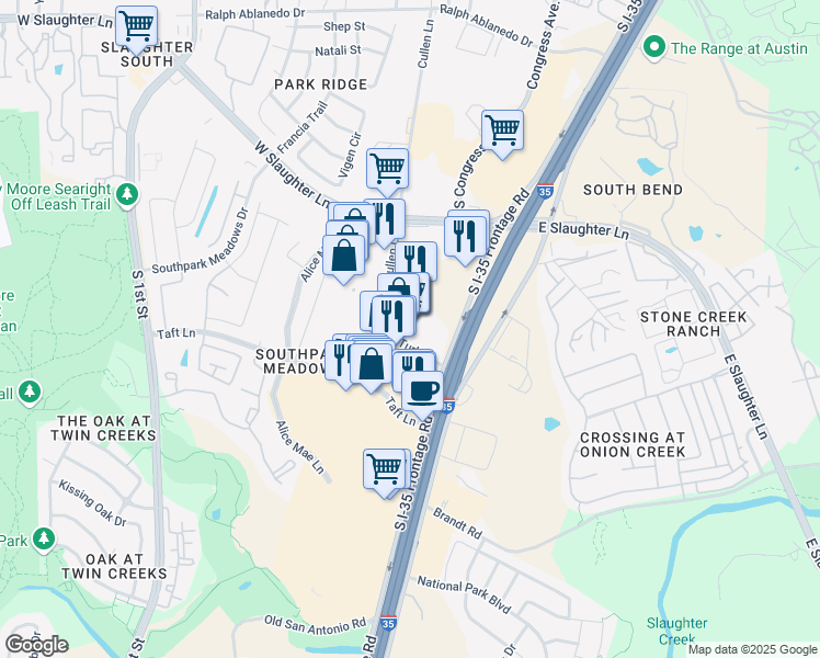 map of restaurants, bars, coffee shops, grocery stores, and more near 9300 N Interstate 35 Frontage Rd in Austin