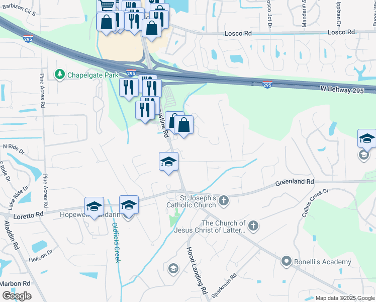 map of restaurants, bars, coffee shops, grocery stores, and more near 11533 Old Saint Augustine Road in Jacksonville