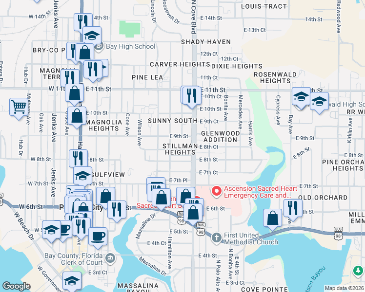 map of restaurants, bars, coffee shops, grocery stores, and more near 619 East 8th Court in Panama City