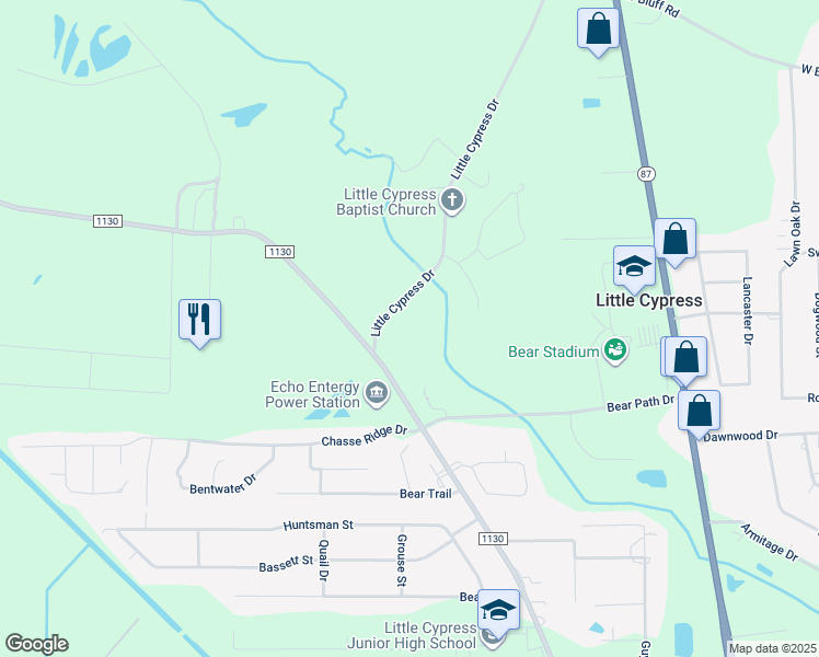 map of restaurants, bars, coffee shops, grocery stores, and more near 7700 Farm to Market Road 1130 in Orange