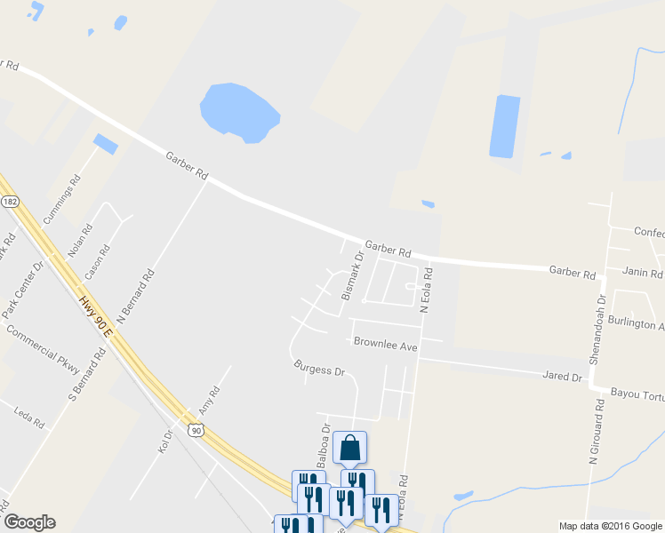 map of restaurants, bars, coffee shops, grocery stores, and more near 100 Chardonay Circle in Broussard