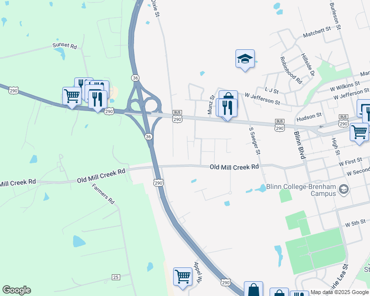 map of restaurants, bars, coffee shops, grocery stores, and more near 205 Cornish Drive in Brenham