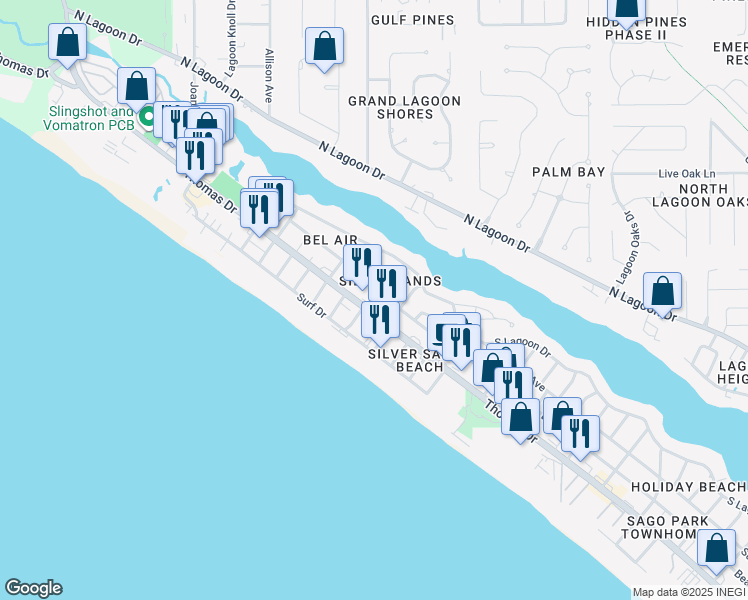 map of restaurants, bars, coffee shops, grocery stores, and more near 8116 Thomas Drive in Panama City