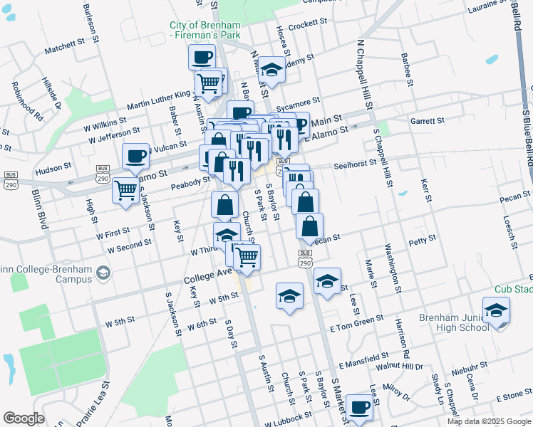 map of restaurants, bars, coffee shops, grocery stores, and more near 105 West Second Street in Brenham