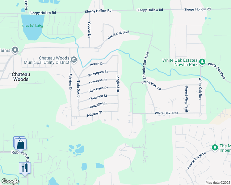map of restaurants, bars, coffee shops, grocery stores, and more near 10615 Longleaf Drive in Conroe
