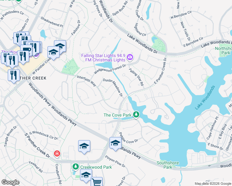 map of restaurants, bars, coffee shops, grocery stores, and more near 11 Wind Trace Court in Spring