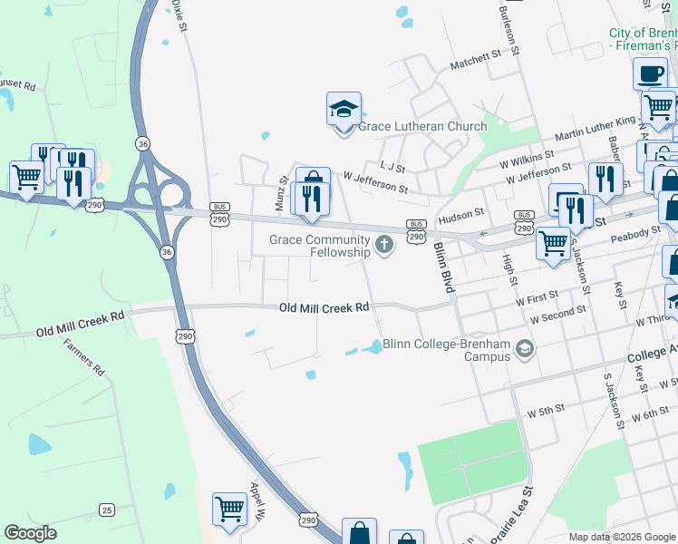 map of restaurants, bars, coffee shops, grocery stores, and more near 1308 Old Mill Creek Road in Brenham