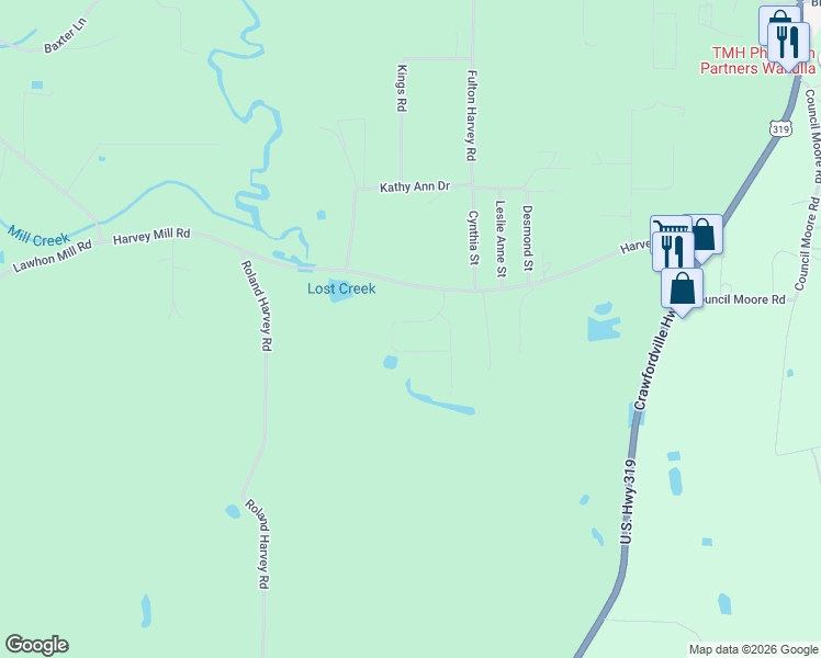 map of restaurants, bars, coffee shops, grocery stores, and more near 27 Evergreen Drive in Crawfordville