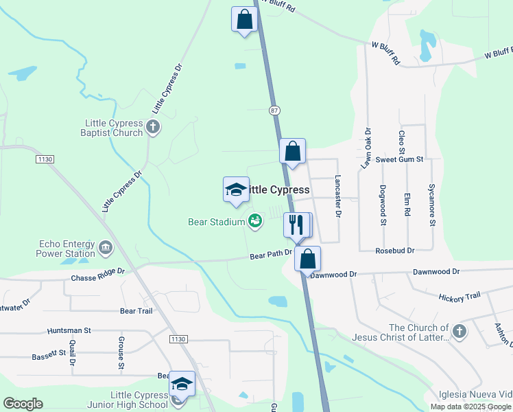 map of restaurants, bars, coffee shops, grocery stores, and more near 7327 State Highway 87 in Orange