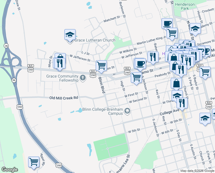 map of restaurants, bars, coffee shops, grocery stores, and more near 208 Joseph Street in Brenham