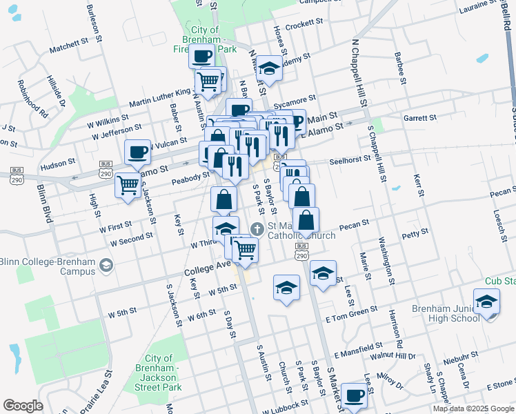map of restaurants, bars, coffee shops, grocery stores, and more near 105 West Second Street in Brenham