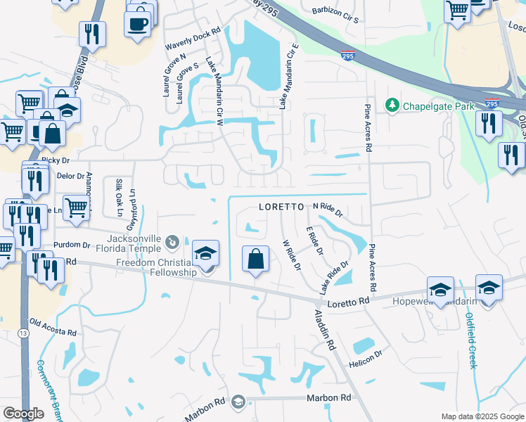 map of restaurants, bars, coffee shops, grocery stores, and more near 11510 North Ride Circle East in Jacksonville