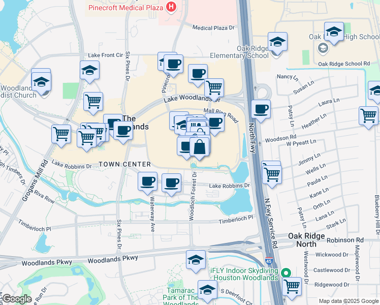 map of restaurants, bars, coffee shops, grocery stores, and more near 1201 Lake Woodlands Drive in The Woodlands