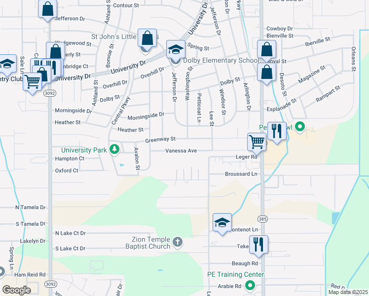 map of restaurants, bars, coffee shops, grocery stores, and more near 302 Vanessa Avenue in Lake Charles