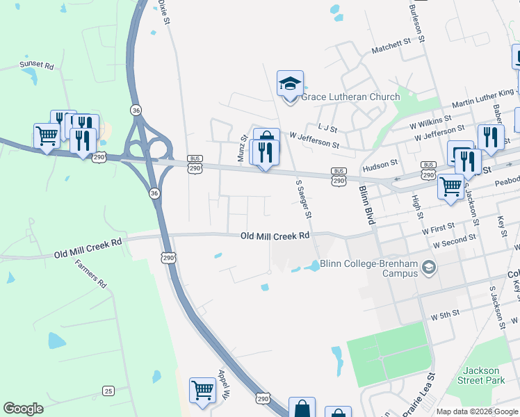 map of restaurants, bars, coffee shops, grocery stores, and more near 204 Meadow Brook Lane in Brenham