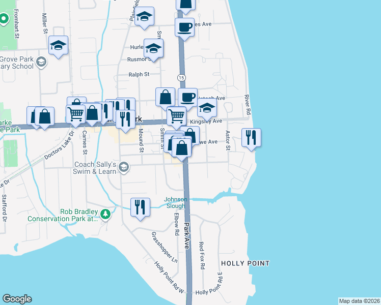 map of restaurants, bars, coffee shops, grocery stores, and more near 2131 Park Avenue in Orange Park