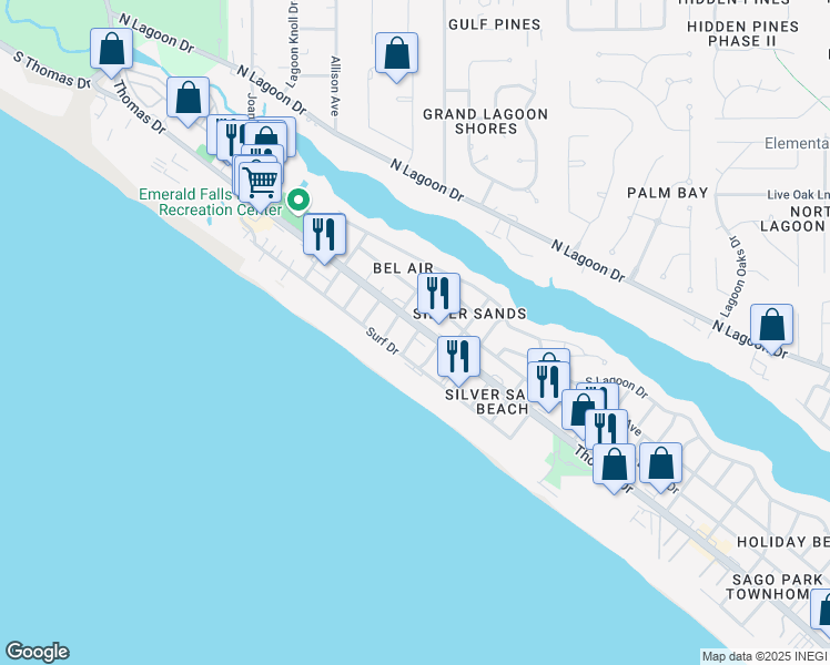 map of restaurants, bars, coffee shops, grocery stores, and more near 8201 Thomas Drive in Panama City Beach