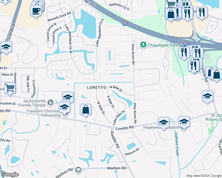 map of restaurants, bars, coffee shops, grocery stores, and more near 3622 N Ride Dr in Jacksonville