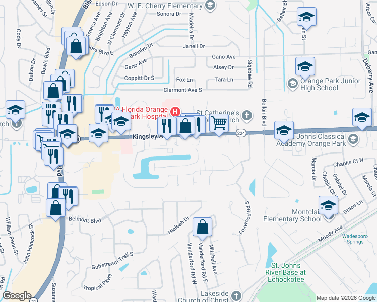 map of restaurants, bars, coffee shops, grocery stores, and more near 42 Fox Valley Drive in Orange Park