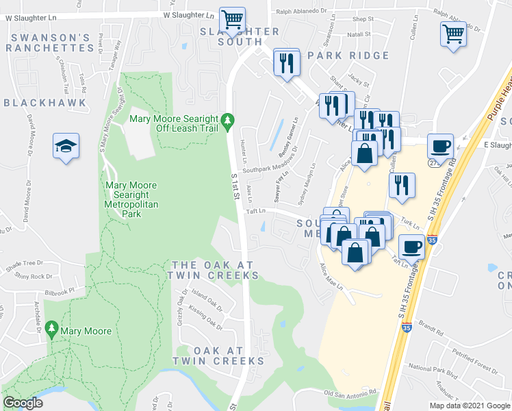 map of restaurants, bars, coffee shops, grocery stores, and more near 9733 Alex Lane in Austin