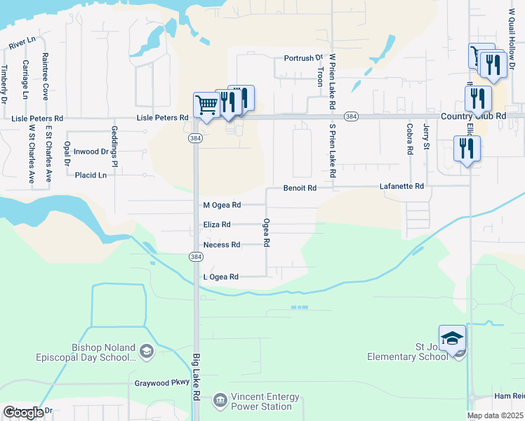 map of restaurants, bars, coffee shops, grocery stores, and more near 5162 Ogea Road in Lake Charles