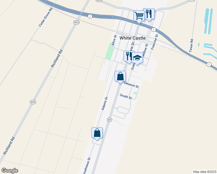 map of restaurants, bars, coffee shops, grocery stores, and more near 32850 Adams Drive in White Castle