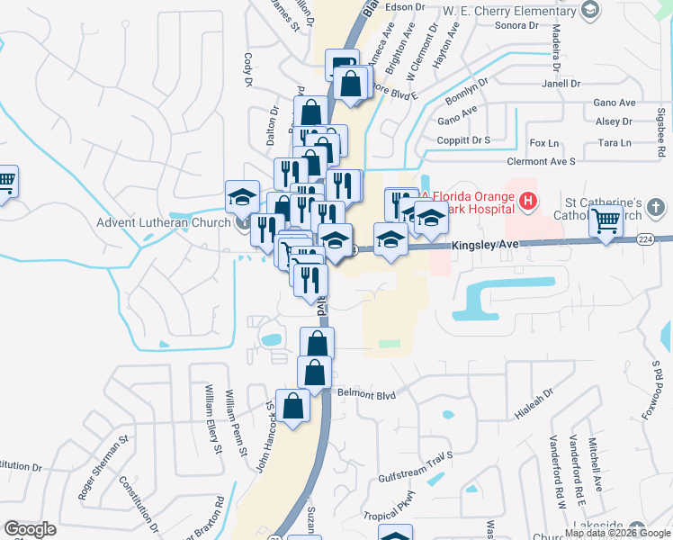 map of restaurants, bars, coffee shops, grocery stores, and more near 2306 Kingsley Avenue in Orange Park