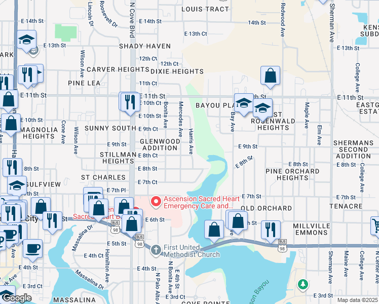 map of restaurants, bars, coffee shops, grocery stores, and more near 1025 East 8th Court in Panama City