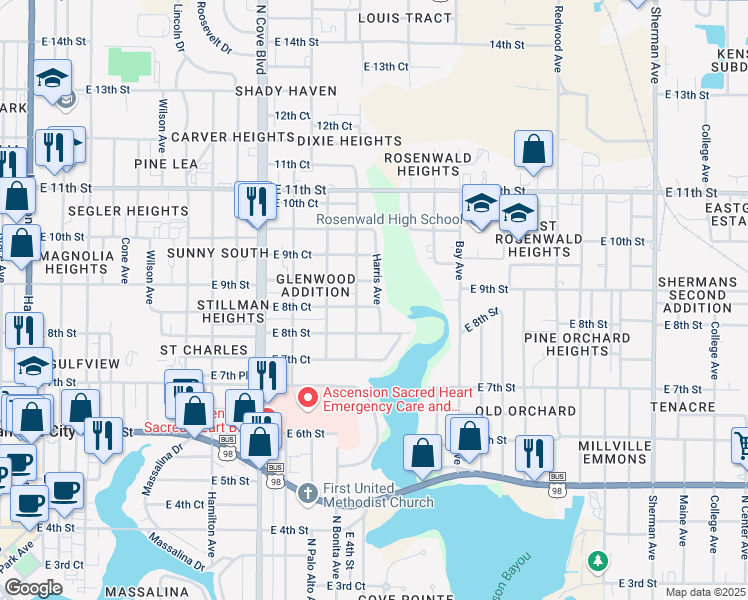 map of restaurants, bars, coffee shops, grocery stores, and more near 1025 East 8th Court in Panama City