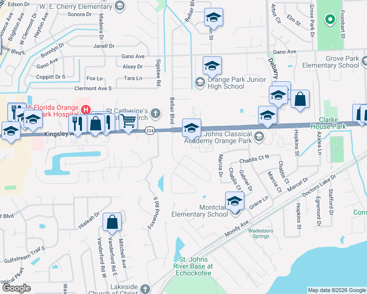 map of restaurants, bars, coffee shops, grocery stores, and more near in Orange Park