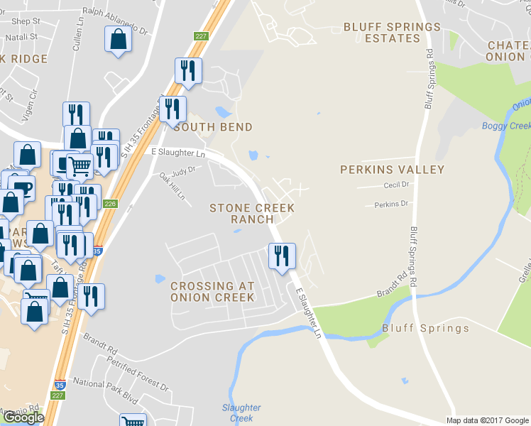 map of restaurants, bars, coffee shops, grocery stores, and more near 343 East Slaughter Lane in Austin