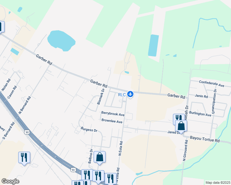 map of restaurants, bars, coffee shops, grocery stores, and more near 198 Tulip Tree Lane in Broussard