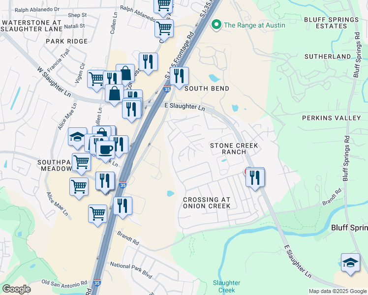 map of restaurants, bars, coffee shops, grocery stores, and more near 1825 Oak Hill Lane in Austin