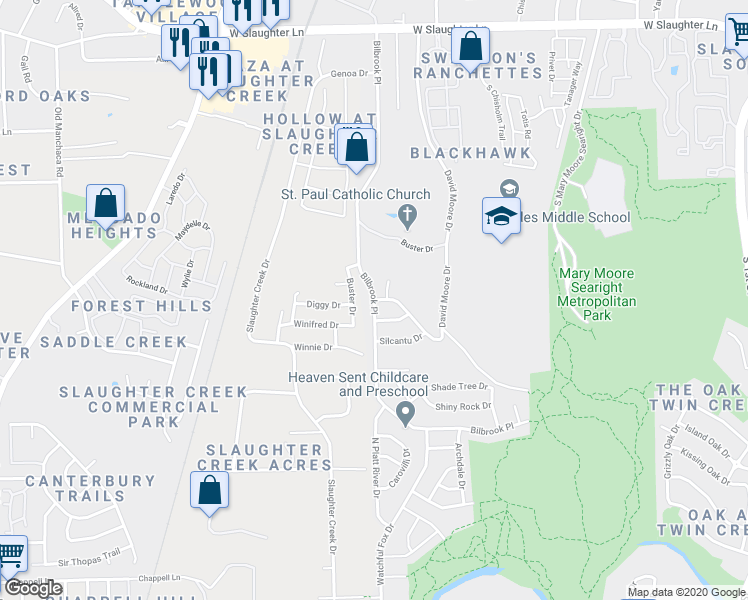 map of restaurants, bars, coffee shops, grocery stores, and more near Bilbrook Pl & Sweetwater River Dr in Austin