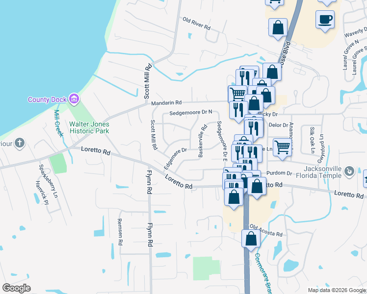 map of restaurants, bars, coffee shops, grocery stores, and more near 11647 Edgemere Drive in Jacksonville