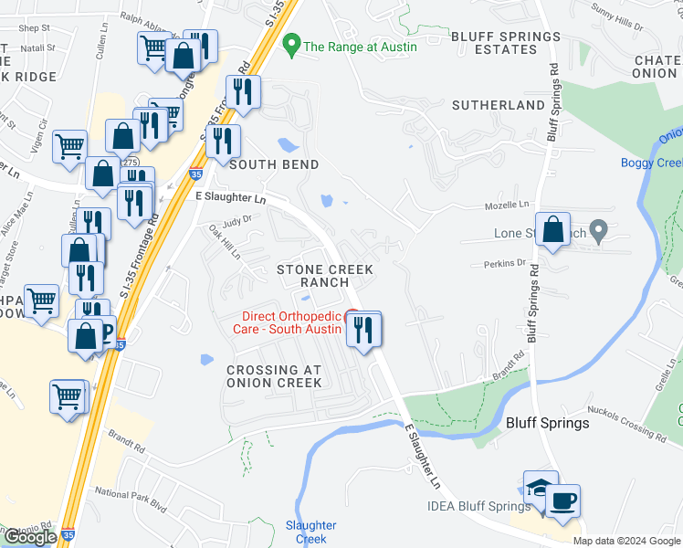 map of restaurants, bars, coffee shops, grocery stores, and more near 535 East Slaughter Lane in Austin