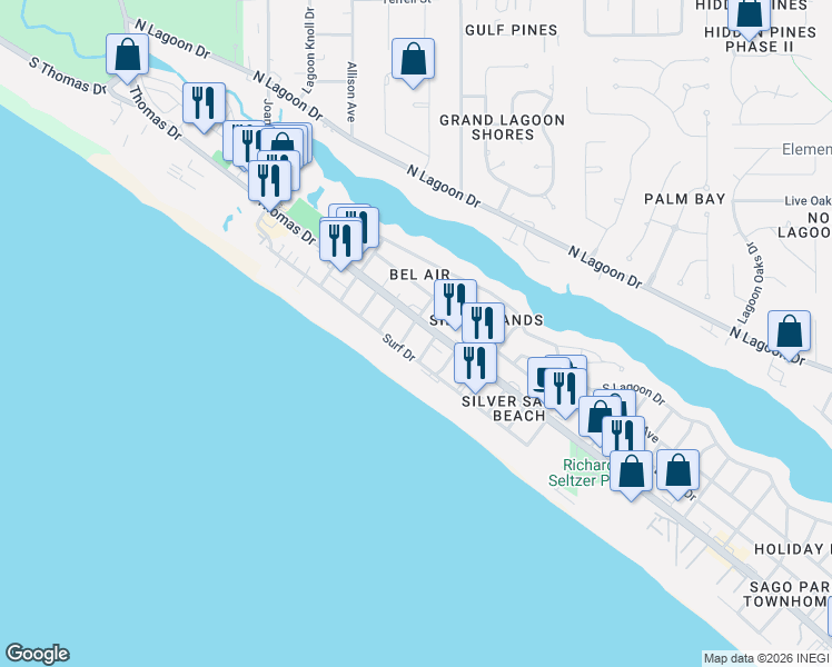 map of restaurants, bars, coffee shops, grocery stores, and more near 8201 Thomas Drive in Panama City Beach