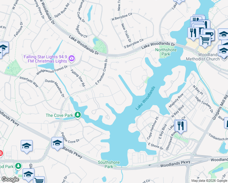 map of restaurants, bars, coffee shops, grocery stores, and more near 23 South Windsail Place in Spring
