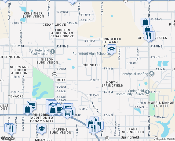 map of restaurants, bars, coffee shops, grocery stores, and more near 811 Nottingham Drive in Panama City