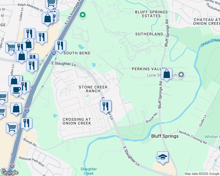 map of restaurants, bars, coffee shops, grocery stores, and more near 516 East Slaughter Lane in Austin