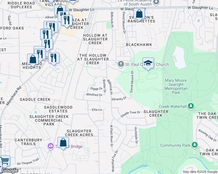 map of restaurants, bars, coffee shops, grocery stores, and more near 10301 Buster Drive in Austin