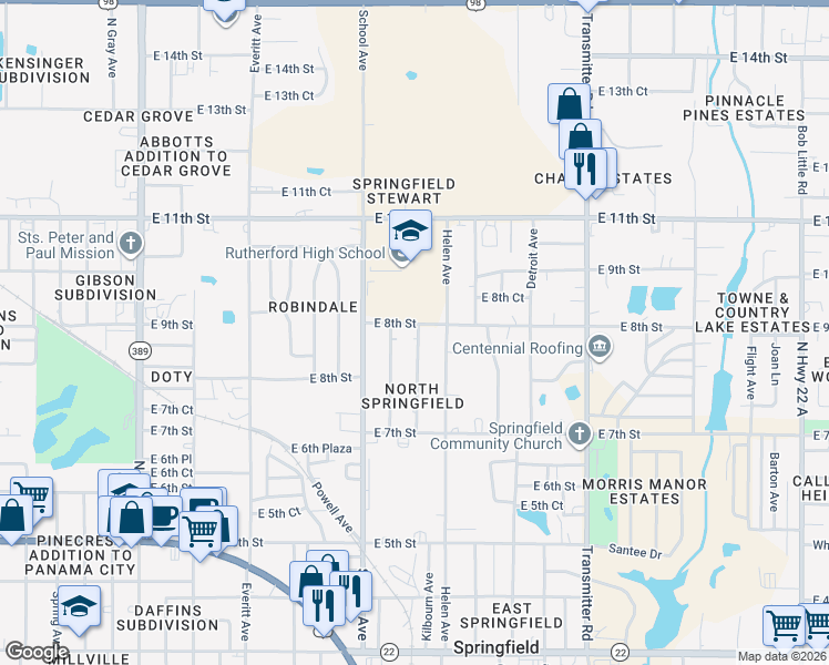 map of restaurants, bars, coffee shops, grocery stores, and more near 3608 East 8th Street in Panama City