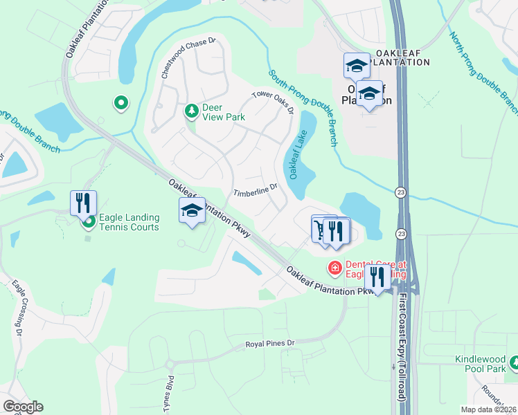 map of restaurants, bars, coffee shops, grocery stores, and more near 3814 Hidden View Drive in Orange Park