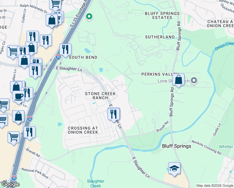 map of restaurants, bars, coffee shops, grocery stores, and more near 516 East Slaughter Lane in Austin