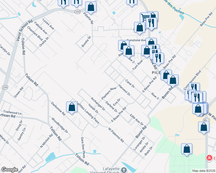 map of restaurants, bars, coffee shops, grocery stores, and more near 418 Planters Row in Lafayette