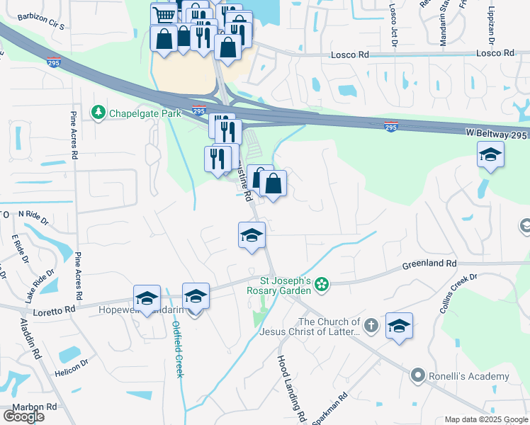 map of restaurants, bars, coffee shops, grocery stores, and more near 11533 Old Saint Augustine Road in Jacksonville